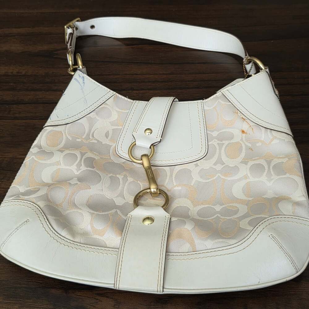 Coach Hampton Slim Signature Canvas and White Leather Hobo Bag